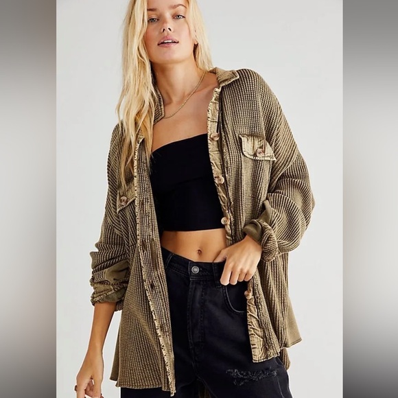 Free People scout jacket shacket waffle knit button up Olive Green Women Jacket - Picture 2 of 4